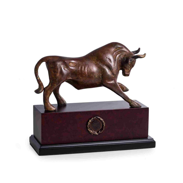 Brass Bull Sculpture with Flamed Patina Finish on Wood Base. 10 x 3.75 x 9